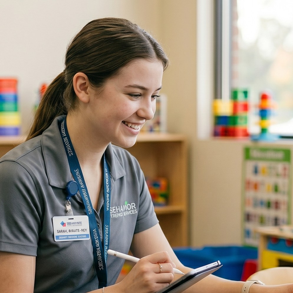 A smiling ABA care provider taking notes on a tablet while working with a young boy in a colorful play-therapy room