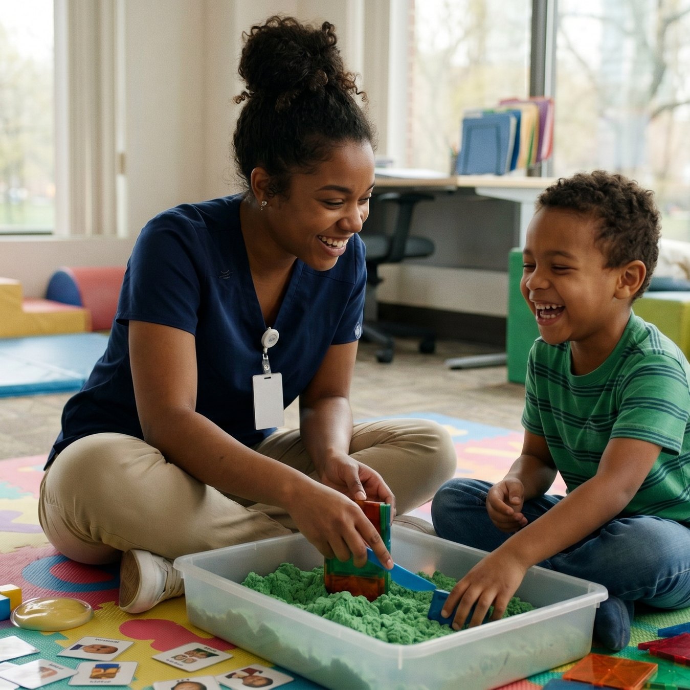 A clinician and a young boy working together with colorful blocks and drawings at a table