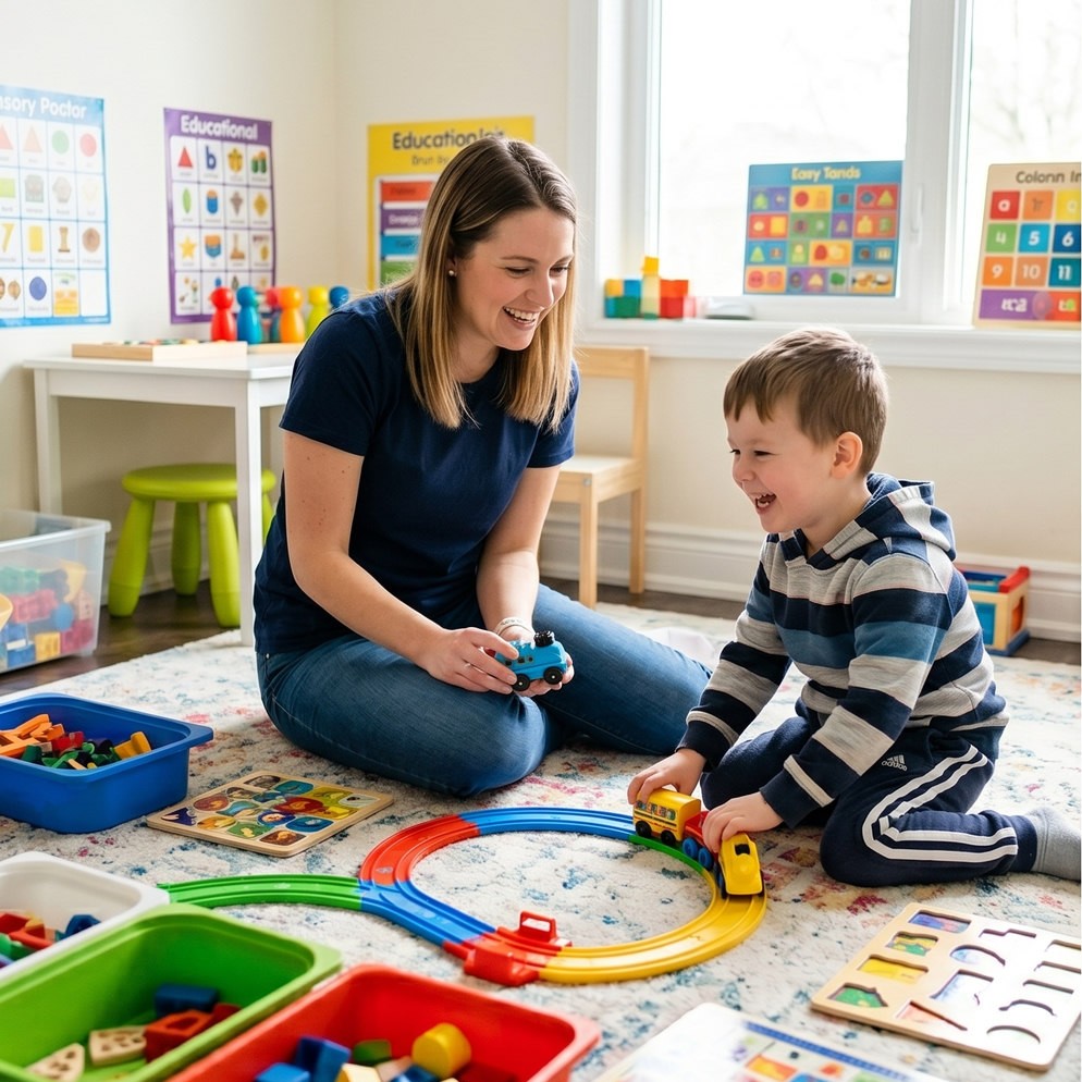 A smiling therapist and a young boy playing together with toys during an ABA session
