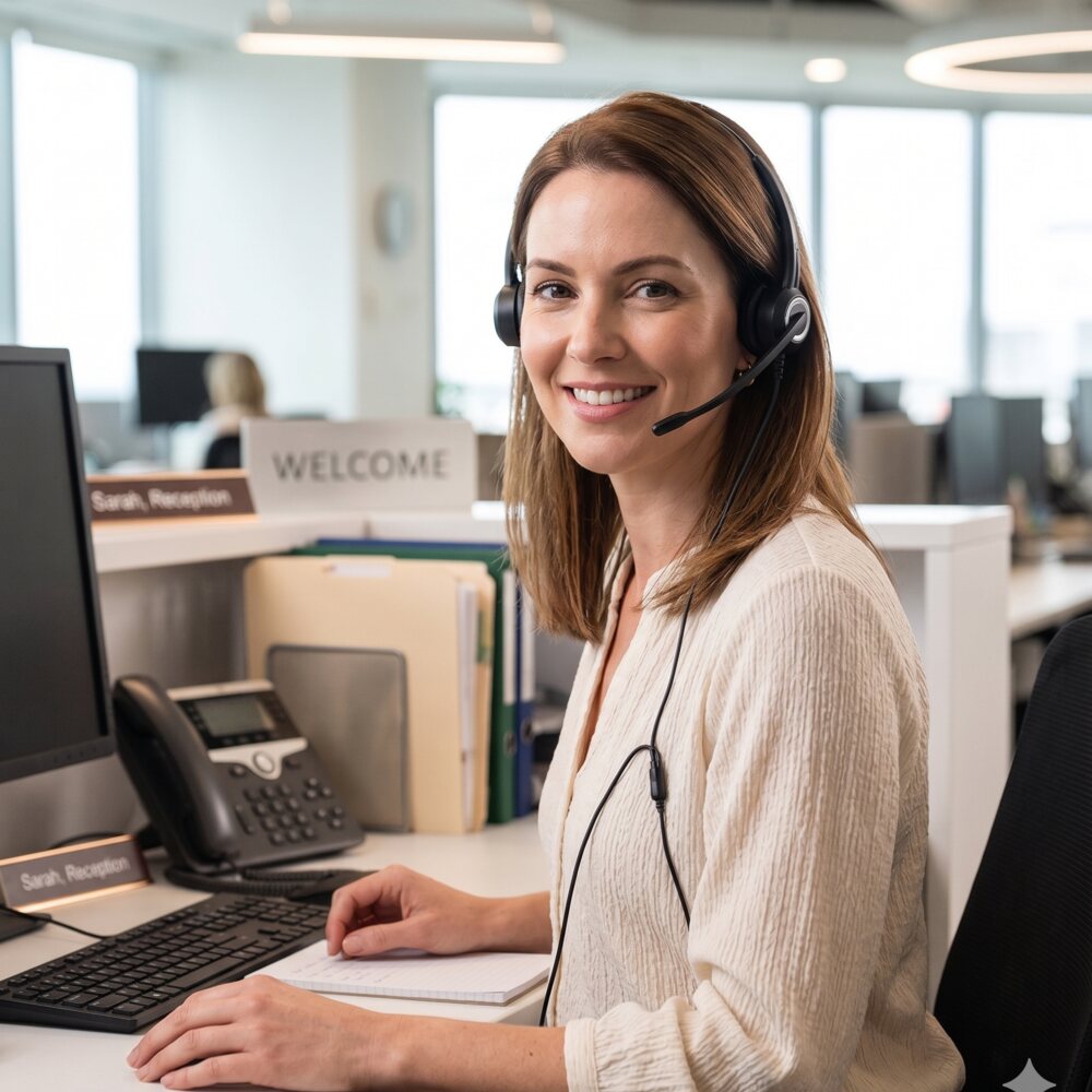 A friendly intake specialist wearing a headset at her desk